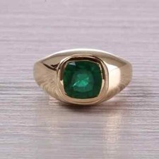 Cushion Cut Natural Green Emerald Solitaire Mens Ring 14k Yellow Gold Sz 7.25
