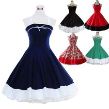 Women's Vintage 50s 60s Retro Rockabilly Pinup Polka Dot Party Swing Dress Navy