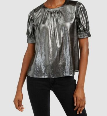 $99 Current Air Women's Silver Textured Crew Neck Shirred Blouse Size Medium