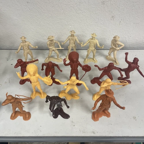 1964 Vintage Louis Marx Cowboys & Indians 6 Inch Figures Lot of 16 Brown Yellow