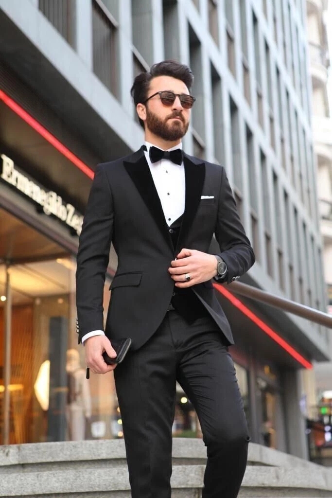 Black Men Suit Slim Fit Peak Lapel Prom Formal Dinner Groom Tuxedos Wedding  Suit