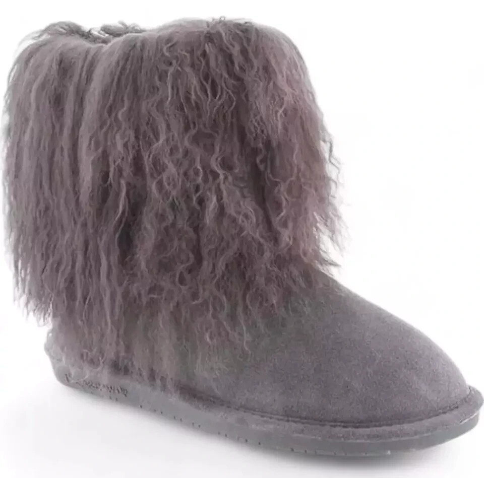 Bearpaw Boo Gray Shearling Wool Curly Lamb Fur Boots Size 6