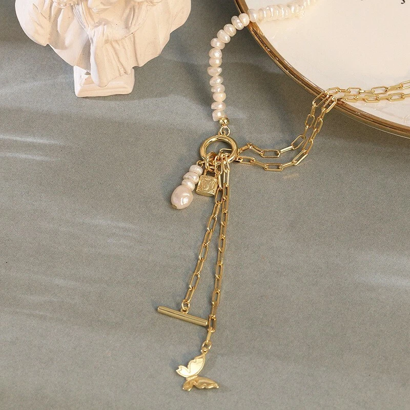 Gargantilla retro de perlas en capas mariposa chapado en oro de 18 quilates collar pulsera envolvente Foto 2 de 4