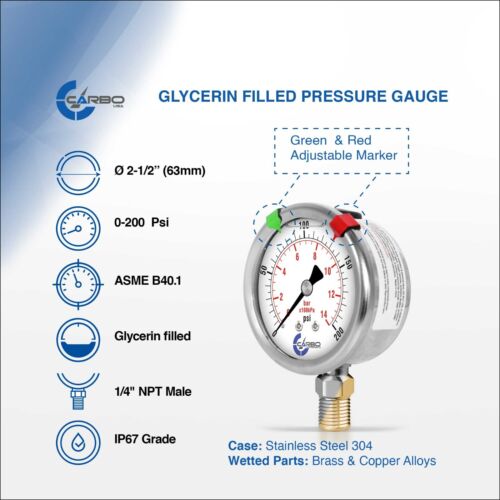 2-1/2" Pressure Gauge, Stainless Steel Case, Liquid Filled, Lower Mnt 200 PSI - Picture 2 of 6