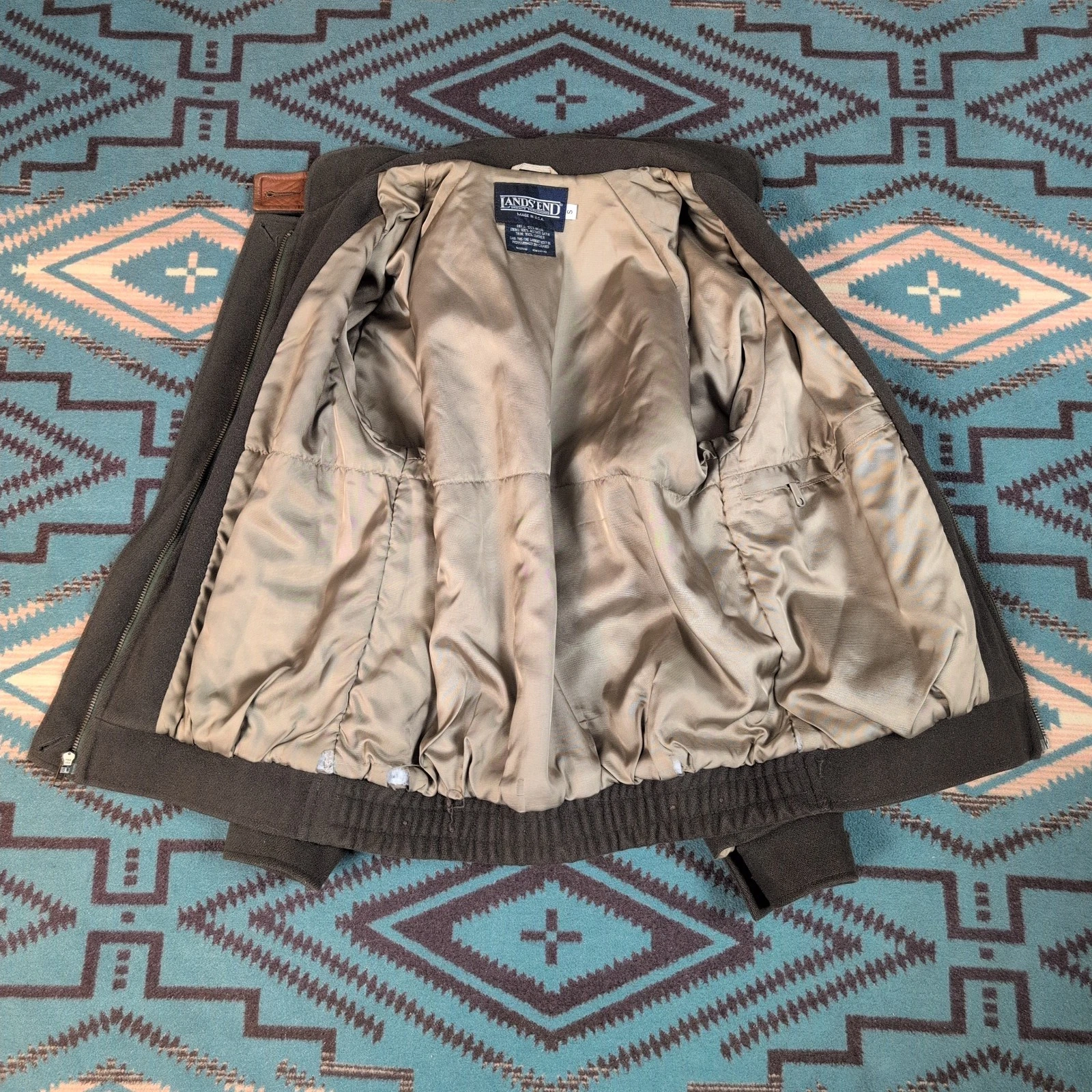 Vintage Lands End Jacket Men's Small Green Wool Bomber Leather Trim USA 80s 90s - product detail image 5