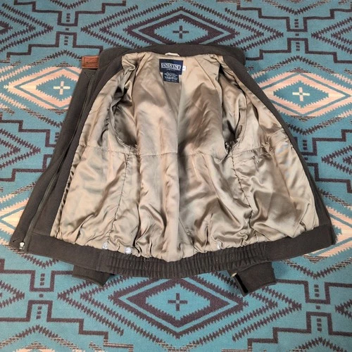 Vintage Lands End Jacket Men's Small Green Wool Bomber Leather Trim USA 80s 90s image 5