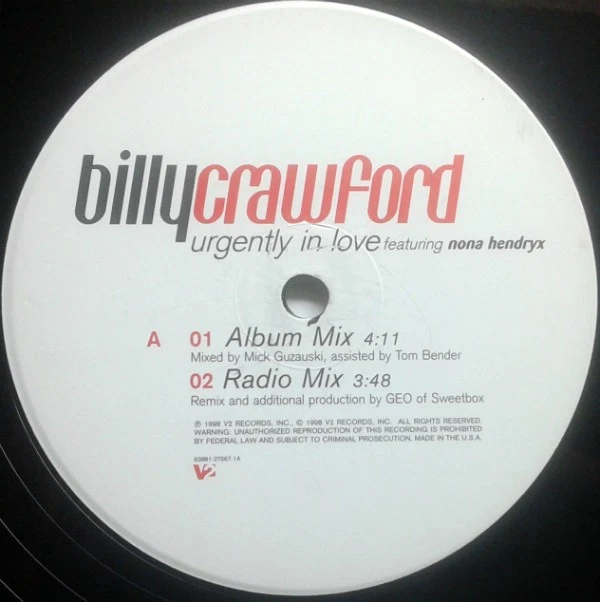 Billy Crawford Featuring Nona Hendryx - Urgently In Love (12", Single) (Very Goo - Image 3 of 4