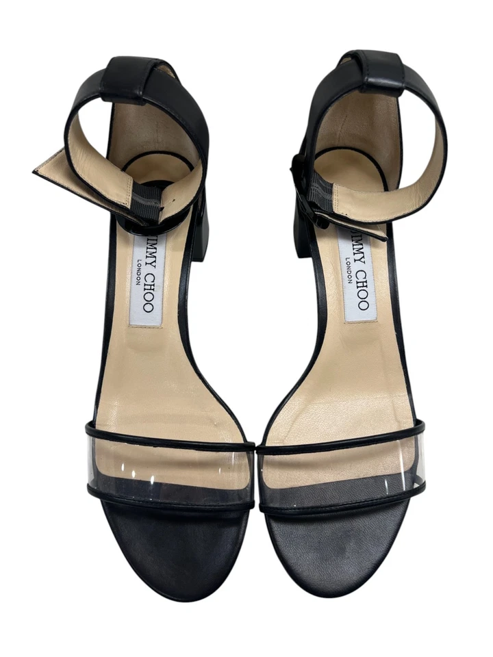 Кожаные сандалии JIMMY CHOO Jaimie 8,5 с прозрачным ремешком на низком блочном каблуке черные - Изображение 2 из 4
