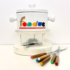 Vintage NOS Fondue Set 1.9L 2 Qt Porcelain Enamel 6 Forks MCM Retro Unused Box