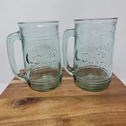 VTG Coca Cola Coke Mug Green Embossed Heavy Glass Stein w/ Handle Set of 2  5.5"