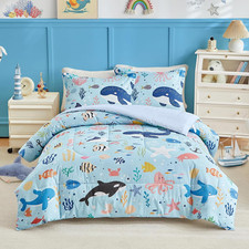 3Pcs Cotton Full/Queen Size Comforter Set for Kids, World of the Sea Theme Blue