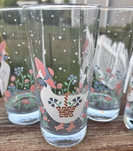 Vtg 1987 Anchor Hocking Farm Country Goose Blue Bow 12 Oz Tumblers Set of 4