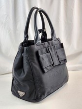 Autentica Prada Milano Nastro Tessuto Tote Bag Mano Nera Borsetta Nylon 2 Vie Fiocco