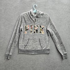 Victoria's Secret PINK Women Hoodie M Gray Floral Lettering Logo Zipper READ