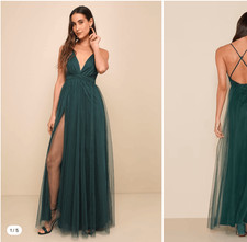 NWT Lulu s Rare Beauty Hunter Green Tulle Open Back Maxi Dress M