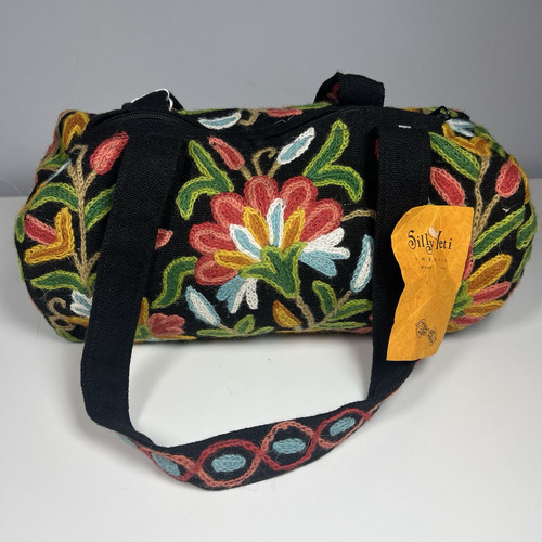 Silly Yeti Boho Hippie Jute Purse Duffle Bag Embroidered Floral. - 第 1/10 張圖片