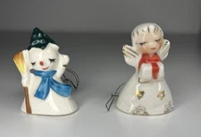 (Set of 2) Vintage Holt Howard Porcelain Mini Ornaments Snowman Angel