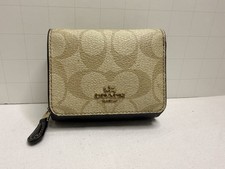 Coach Signature Canvas Mini Wallet Beige Brown Snap Zip Coin Card Case Small