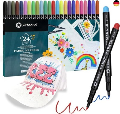 Artecho 24 Textilstifte Waschmaschinenfest Pigment für Textilien, ungiftig und 