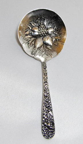 Antique S. Kirk and Son Sterling Repousse Berry Spoon 5.25" Mono "Celeste"