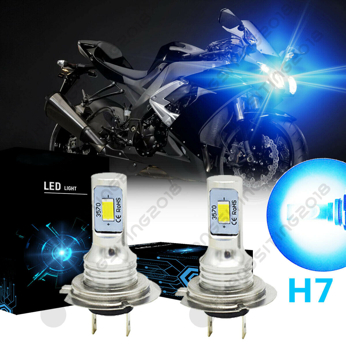 2X Ice Blue H7 LED Headlight Bulb 8000K 100W BY For Kawasaki