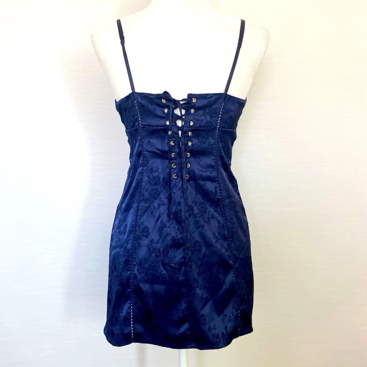 UNDERCOVER Abito slip anni 90 Victoria’s Secret nuovo con etichetta raso elasticizzato seta jacquard blu corsetto M