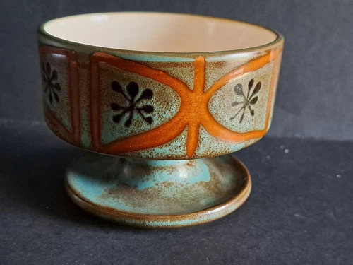 Vtg Jonas Roberts Signed Short Stem Stoneware Dish, Brown & Teal, Preowned 