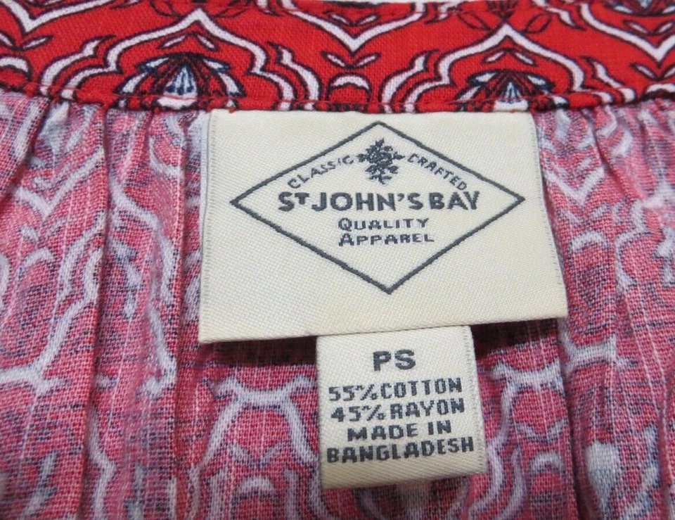 Camisa St. John's Bay para mujer pequeña roja multicolor manga 3/4 abotonada Foto 4 de 4