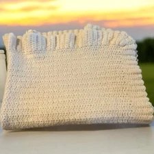 Yellow Tan Beige Handmade Knitted Ruffled Baby Lap Blanket Cottage Core 24x30”
