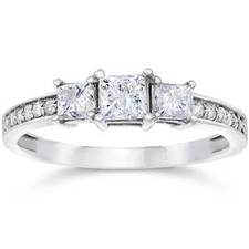 1ct Three Stone Princess Cut Diamond Engagement Ring 14K White Gold