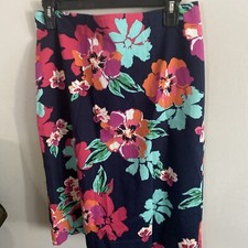 TALBOTS Women's 8 Blue pink floral stretch straight pencil skirt knee length