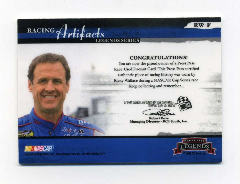 2006 Press Pass Legends Racing Artifacts Firesuit Silver #RWF Rusty Wallace /199 - Image 2 of 2