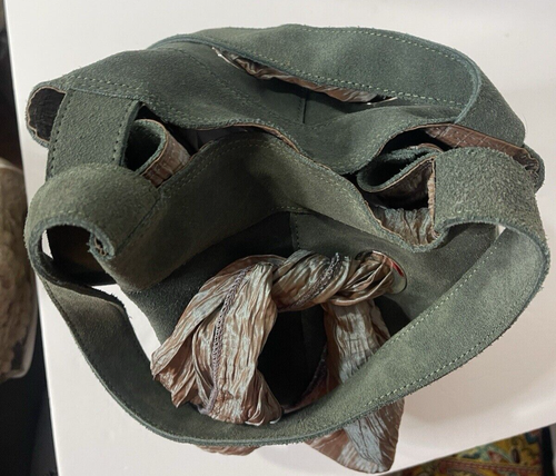 Vintage 90s Suede Leather Green Tote Purse Drawstring Bagtique - Imagen 7 de 8