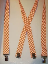 Men's X-Style Suspenders in Orange & White Checkered, Snaps, Clips, USA Made