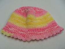 Beautifully Hand Knitted - Pink and Yellow - Baby Size Stocking Cap Beanie Hat 