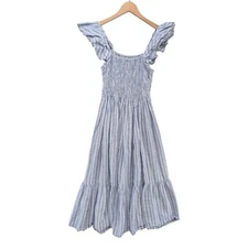 Mille Olympia Smocked Midi Dress Blue White Striped Flutter Sleeve Pockets Sz XS