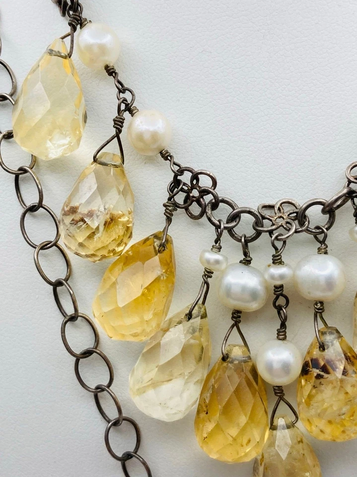Collar de perlas de agua dulce citrino facetado natural plata esterlina vintage 15" Foto 4 de 4