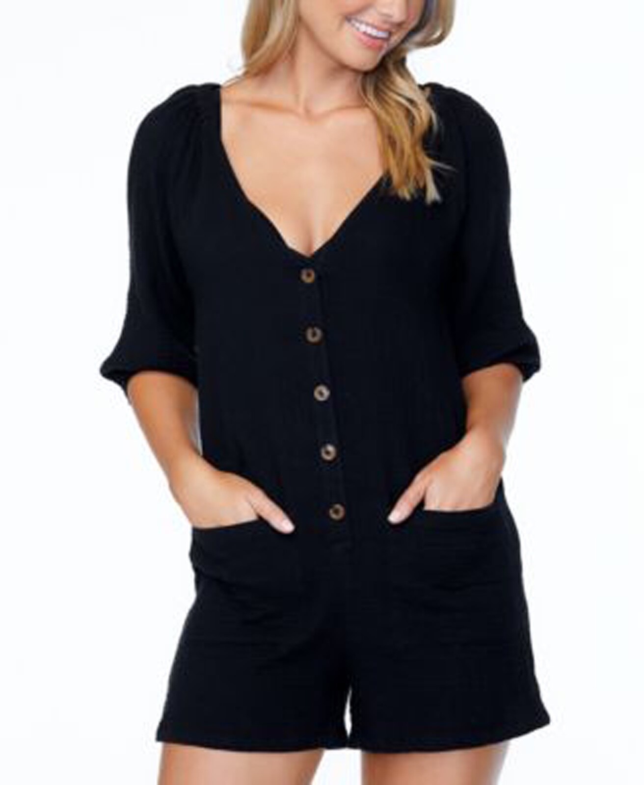 RAISINS Romper Size Small Buttons Black Crinkled Cotton Retail $54-image