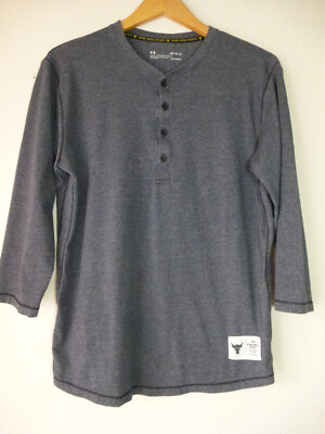 Under Armour Shirt Mens Medium Project Rock Heatgear Henley Gray 3/4 Sleeve