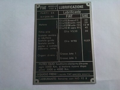 Nameplate Fiat Campagnola AR 51 55 59 1101A plate s95 oils oil types lubrication