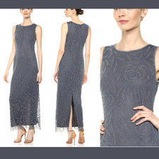 NEW Pisarro Nights Petite 8P  Beaded Rose Motif Sleeveless Gown in Slate S191