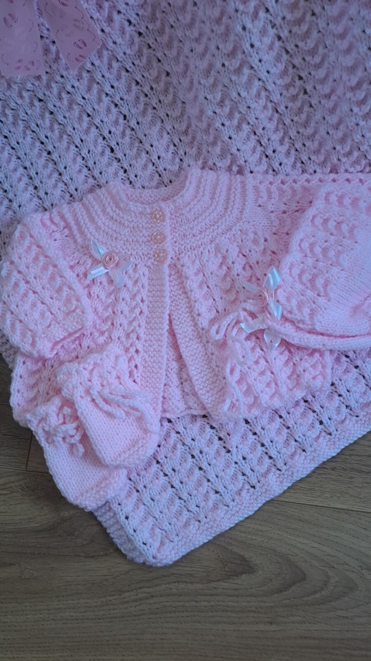 Handmade Baby Pram Blanket Newborn Knitted Layette Matinee Jacket