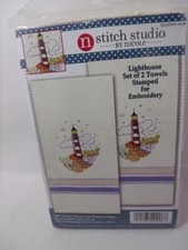 Tobin LIGHTHOUSE Stamped Embroidery Kitchen Towels Blue Woven Stripes