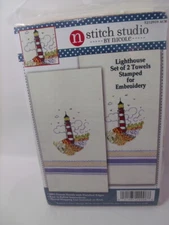 Tobin LIGHTHOUSE Stamped Embroidery Kitchen Towels Blue Woven Stripes 