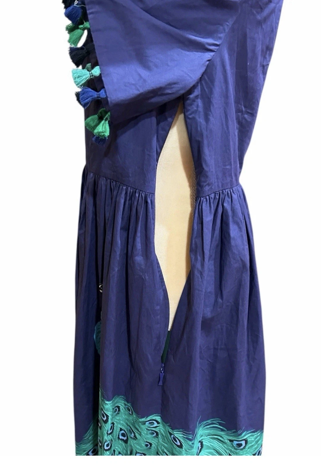 Abito Kate Spade New York taglia 10 full plume pavone popeline nappe blu verde