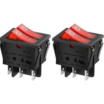 Double Rocker Switch SPST ON OFF 16A 250VAC Red Light 2 Pack