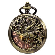 TREEWETO Antique Dragon Mechanical Skeleton Pocket Watch with Chain Bronze