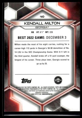 2023 Bowman Best University #40 Kendall Milton Blue Refractor #/150 - Picture 2 of 2