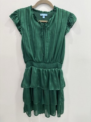 Draper James Green Striped Ruffle Dress Small Smocked Waist Tiered Metallic