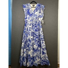 MSK Amparo Blue White Floral Tiered Maxi Dress Smocked Waist XL Beachy preppy